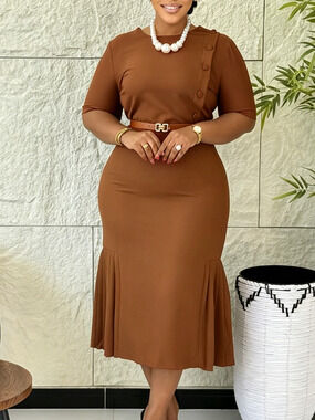 Summer Solid Color Round Neck Short Sleeve Chic Office Slim Plus Size Dress